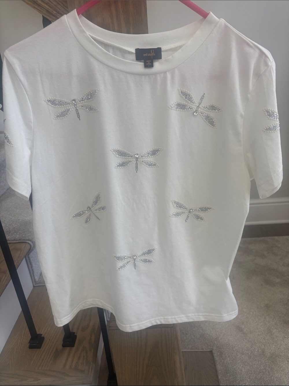 On Twelfth Embellished Dragonfly Rhinestone Top White Size L